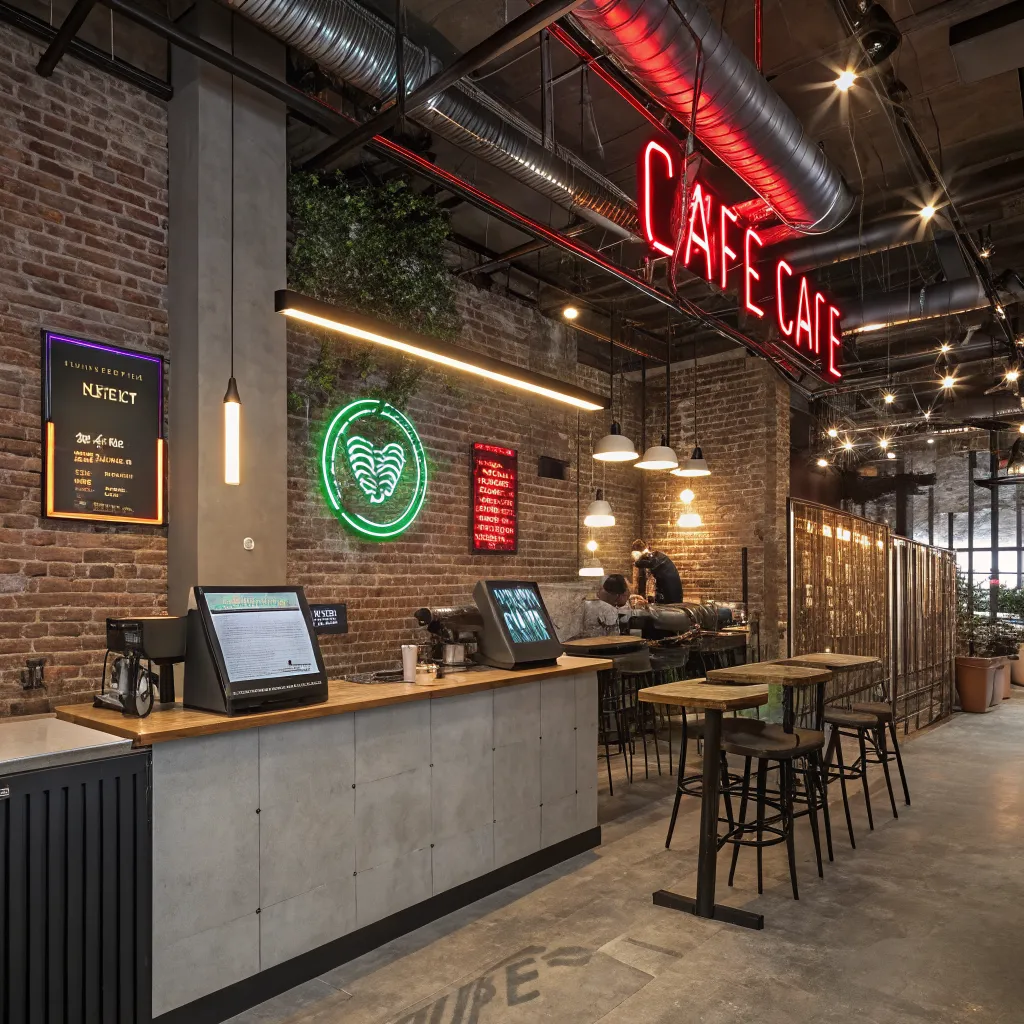 Industrial style gaming cafe with neon lights and consoles